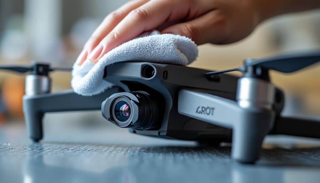 apprenez à nettoyer soigneusement les lentilles de la caméra de votre drone avec un chiffon microfibre pour préserver la qualité de vos images.
